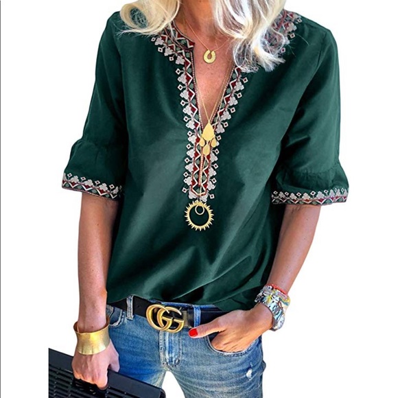 Tops - 🆕 Green PLUS Size (16-18) Boho Embroidered Blouse